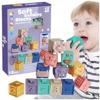 EDUKACYJNE KOLOROWE MIĘKKIE KLOCKI SENSORYCZNE ZWIERZĄTKA GRYZAKI 12 SZT.