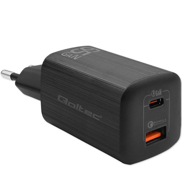 Qoltec Ładowarka sieciowa 65W GaN ULTRA | 5-20V | 2.25-3.25A | 1 x USB typ C PD | 1 x USB QC 3.0 | Czarna zdjęcie 1
