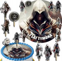 ZESTAW OPŁATEK NA TORT 20CM + TOPPERY PAPIEROWE - ASSASSIN IMIĘ 15CM 18CM