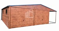 GARAŻ BLASZANY 6m x 6m + 2m. wiata  poziom - dwuspad 2x Brama uchylna  + drzwi + 2x okno - drewnopodobny 6x6