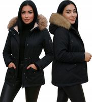 KURTKA ZIMOWA PŁASZCZYK PARKA Z FUTERKIEM DAMSKA CZARNA OCIEPLANA