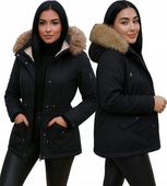 KURTKA ZIMOWA PŁASZCZYK PARKA Z FUTERKIEM DAMSKA CZARNA OCIEPLANA