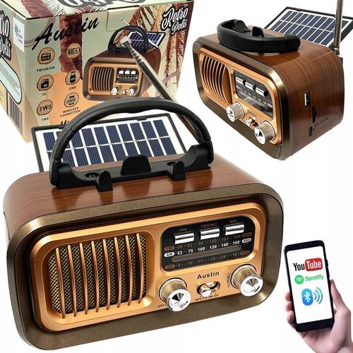 Retropolis AUSTIN Vintage Radio Retro Solar USB microSD Bluetooth na Arena.pl