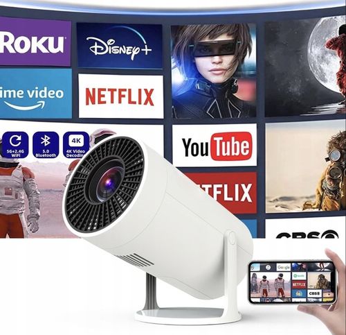 PROJEKTOR RZUTNIK LED ANDROID OBROTOWY 4K TV WIFI GŁOŚNIK BLUETOOTH HD 2025 na Arena.pl