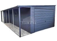 GARAŻ BLASZANY 3,3m x 7m spad w bok Brama uchylna - wiata - drzwi + okno PCV - rynna - Antracyt TS376 3,5x7