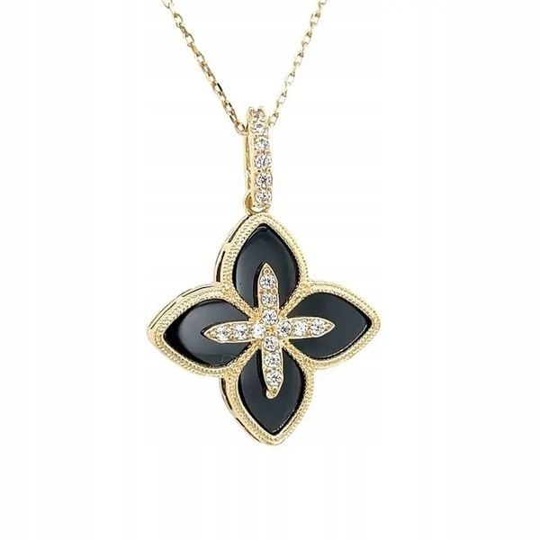 Wyjątkowy kobiecy naszyjnik złoty KWIATEK z cyrkoniami i onyksem 585 14k zdjęcie 5