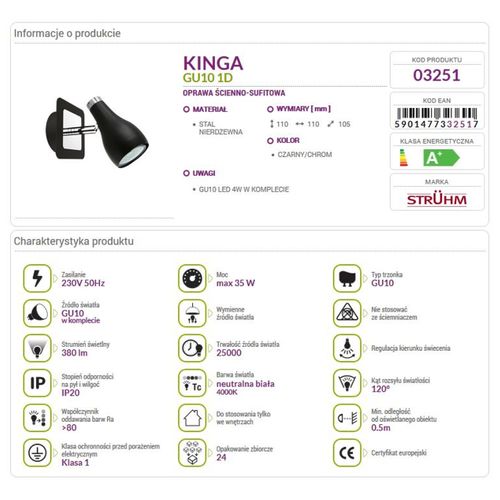 Lampa kinkiet ścienny KINGA 1D czarny GU10 1x4W 03251 Struhm na Arena.pl