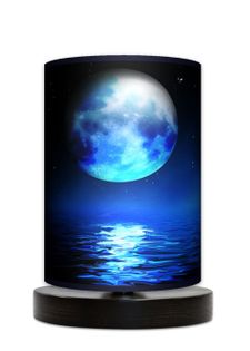 Blue moon pełnia księżyc Lampa stołowa lampka nocna drewniana podstawa
