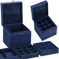 Szkatułka na biżuterię ekoskóra 12x12x12 cm granatowy, welurowy organizer z przegródkami