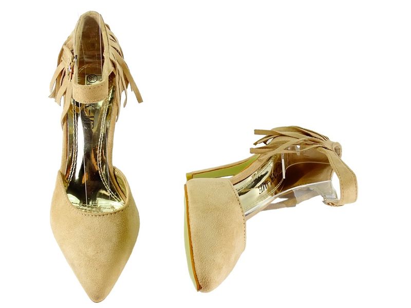 Beżowe szpilki z frędzlami i paskiem w kostce 40 zdjęcie 3