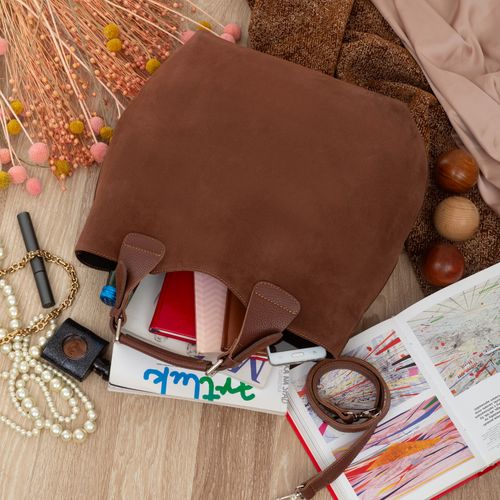 VERA PELLE torebka damska zamszowa shopper duża z paskiem V680 brązowa na Arena.pl