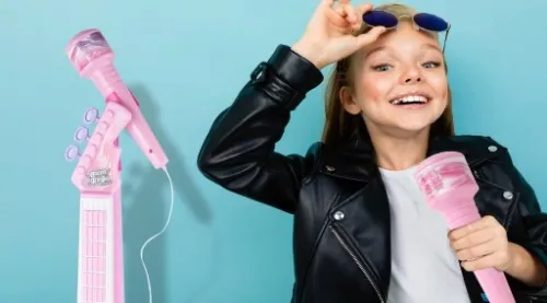 GITARA ELEKTRYCZNA ROCKOWA Z MIKROFONEM NA STATYWIE KARAOKE DLA DZIECI na Arena.pl