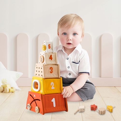 Drewniana piramidka edukacyjna Montessori sorter kształtów, labirynt, cyfry na Arena.pl