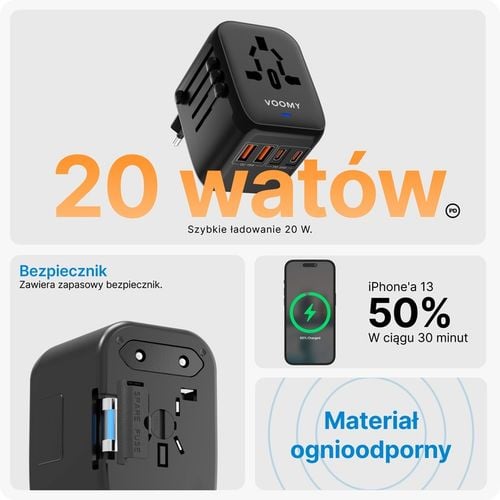 Wtyczka światowa VOOMY - 170+ krajów, 20W, 2 USB-C & 2 USB-A, Czarna na Arena.pl
