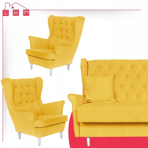 Rozkładany zestaw wypoczynkowy z wersalką fotele uszaki ŻÓŁTY Family Meble na Arena.pl