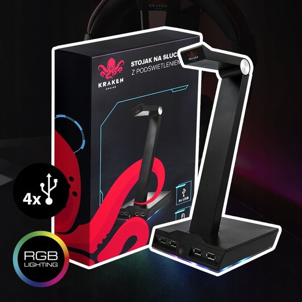 STOJAK UCHWYT NA SŁUCHAWKI LED RGB PODŚWIETLENIE HUB + 4x USB zdjęcie 3