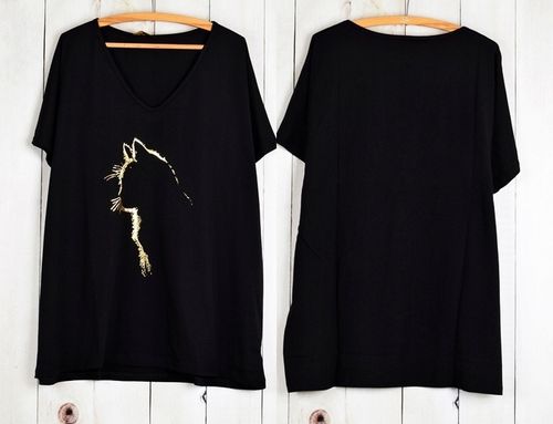 T-SHIRT OVERSIZE KOSZULKA BAWEŁNA ZŁOTA APLIKACJA KOTEK V dekolt L-XXXL T15 na Arena.pl