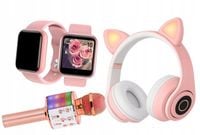 RÓŻOWY SMARTWATCH W KOMPLECIE 3w1 Z MIKROFONEM DO KARAOKE +