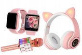 RÓŻOWY SMARTWATCH W KOMPLECIE 3w1 Z MIKROFONEM DO KARAOKE +