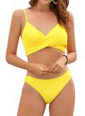 Strój kąpielowy dwuczęściowy bikini prążkowane halter żółte komplet S