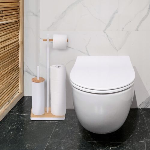 Stojak na papier toaletowy z uchwytem i szczotką WC biały bambus YOKA na Arena.pl