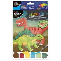 malowanka z farbkami i pędzelkiem dinozaury kidea