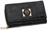 Duży Portfel Damski Monnari Skórzany Na Prezent Elegancki Kwiaty Czarny