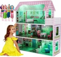 DUŻY DREWNIANY DOMEK DLA LALEK XXL ŚWIATŁA LED zestaw MEBLE OŚWIETLENIE MDF