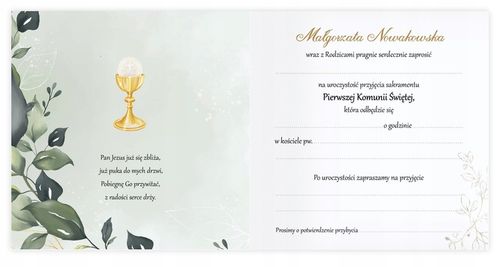 ZAPROSZENIA NA KOMUNIĘ na przyjęcie EUKALIPTUS + imię dziecka + koperta na Arena.pl