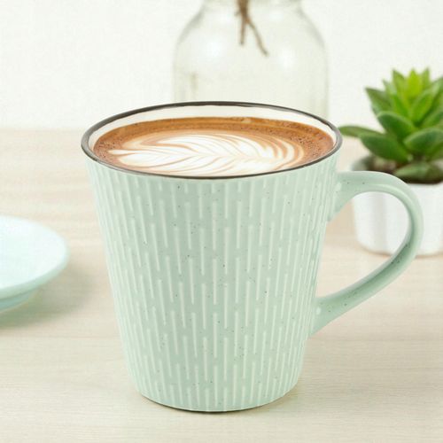 CERAMICZNY KUBEK NA KAWĘ HERBATĘ MIĘTOWY ZDOBIONY W WZÓR KRESKI 340 ML na Arena.pl