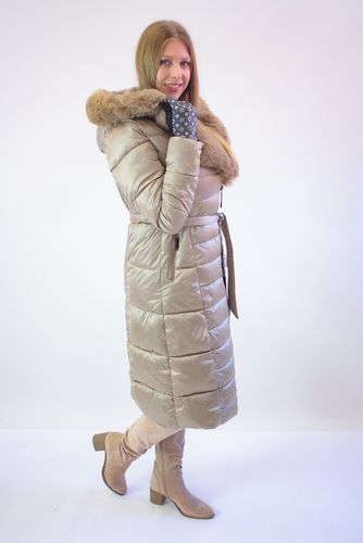Kurtka Zimowa Długa z Futrem i Paskiem Beżowa S na Arena.pl