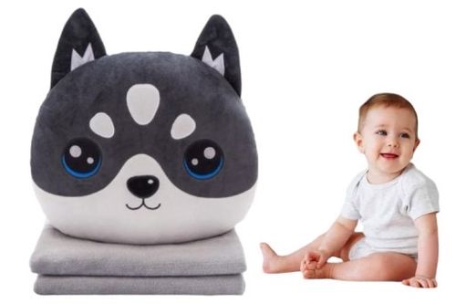 MASKOTKA PODUSZKA KOC OGRZEWACZ DO RĄK PIES HUSKY POPIELATY Z KOCEM 4w1 na Arena.pl