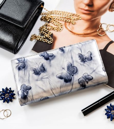 PETERSON portfel damski skórzany lakierowany z motylami P187 srebrny na Arena.pl