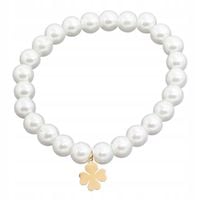 Bransoletka z białych sztucznych perełek zawieszka koniczynka kolor złoty