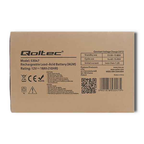 Qoltec Akumulator AGM | 12V | 18Ah | max. 270A zdjęcie 6