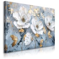 Obraz Do Salonu Białe Kwiaty Złote Liście Akwarele Abstrakcja 70cm x 50cm