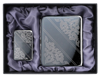 Srebrna Papierośnica i Zapalniczka z Grawerem Roślin w Zestawie Prezentowym
