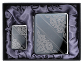 Srebrna Papierośnica i Zapalniczka z Grawerem Roślin w Zestawie Prezentowym