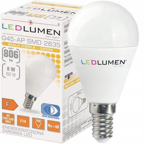 Zestaw 6x Żarówka LED E14 KULKA G45 8W=60W SMD 806lm 160° Brak Migotania na Arena.pl