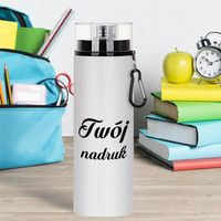 Biały bidon 850 ml z Twoim nadrukiem czarny karabińczyk