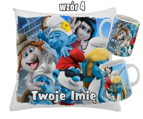 Zestaw SMERFY KUBEK + PODUSZKA RÓŻNE WZORY + IMIĘ UNIKALNY WYJĄTKOWY na Arena.pl