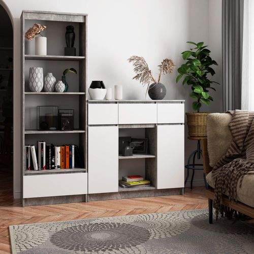 Komoda 101 cm pojemna 2 drzwi 3 szuflady 6 półek - beton biała na Arena.pl