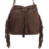 VERA PELLE torebka zamszowa listonoszka worek z frędzlami V477 c.brązowa