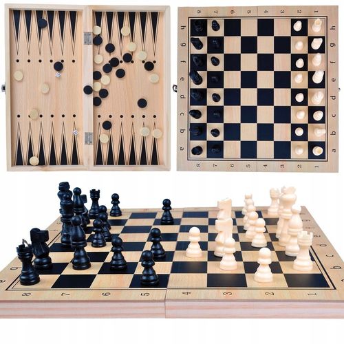 SZACHY DREWNIANE WARCABY TRYKTRAK GRA 3w1 KLASYCZNA PLANSZOWA DUŻE 34CM na Arena.pl