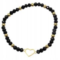 Bransoletka z czarnych koralików przekładka serduszko kontur kolor złoty