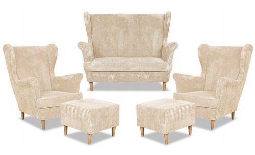 Zestaw wypoczynkowy uszak Bonito sofa fotele pufy  beż sztruks na Arena.pl