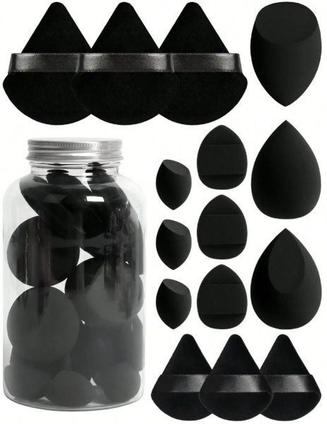 Zestaw czarnych gąbek do makijażu w słoiczku blender i puszki do pudru zdjęcie 4