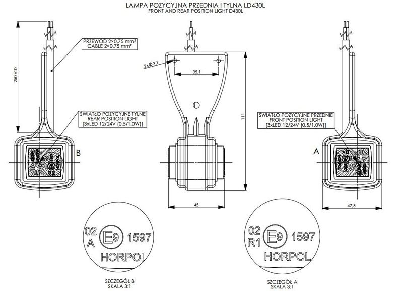Lampa LED obrys. przed-tyl wisząca LEWA (LD430/L) zdjęcie 2