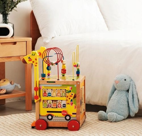 DUŻY DREWNIANY CHODZIK PCHACZ KOSTKA EDUKACYJNA 7w1 MONTESSORI + MULA na Arena.pl