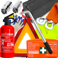 Gaśnica Apteczka Kamizelka Klucz do Kół Nasadki Linka Holownicza Torba